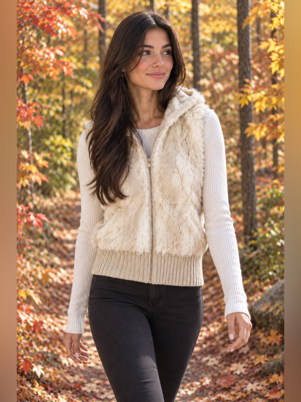 Hooded Rabbit Fur Vest Sweater Size Small Zip Up Off White